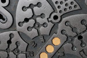 Engineer reviews a stamped metal part beside a drawing, calipers, and tooling samples on a workbench.